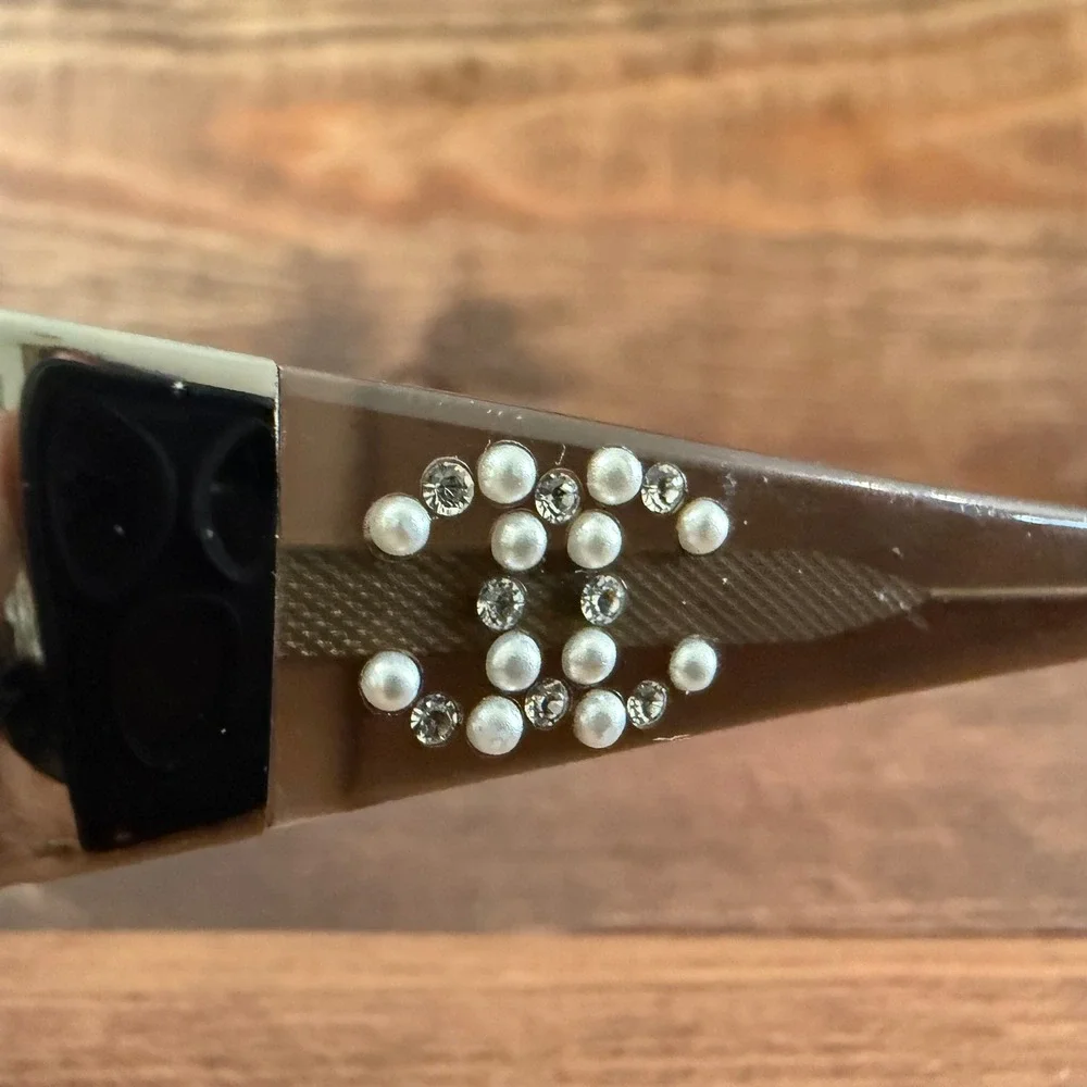 Chanel Eyeglass FRAME ONLY Gunmetal Brown Crystal Pearl CC Logo 50-16-135